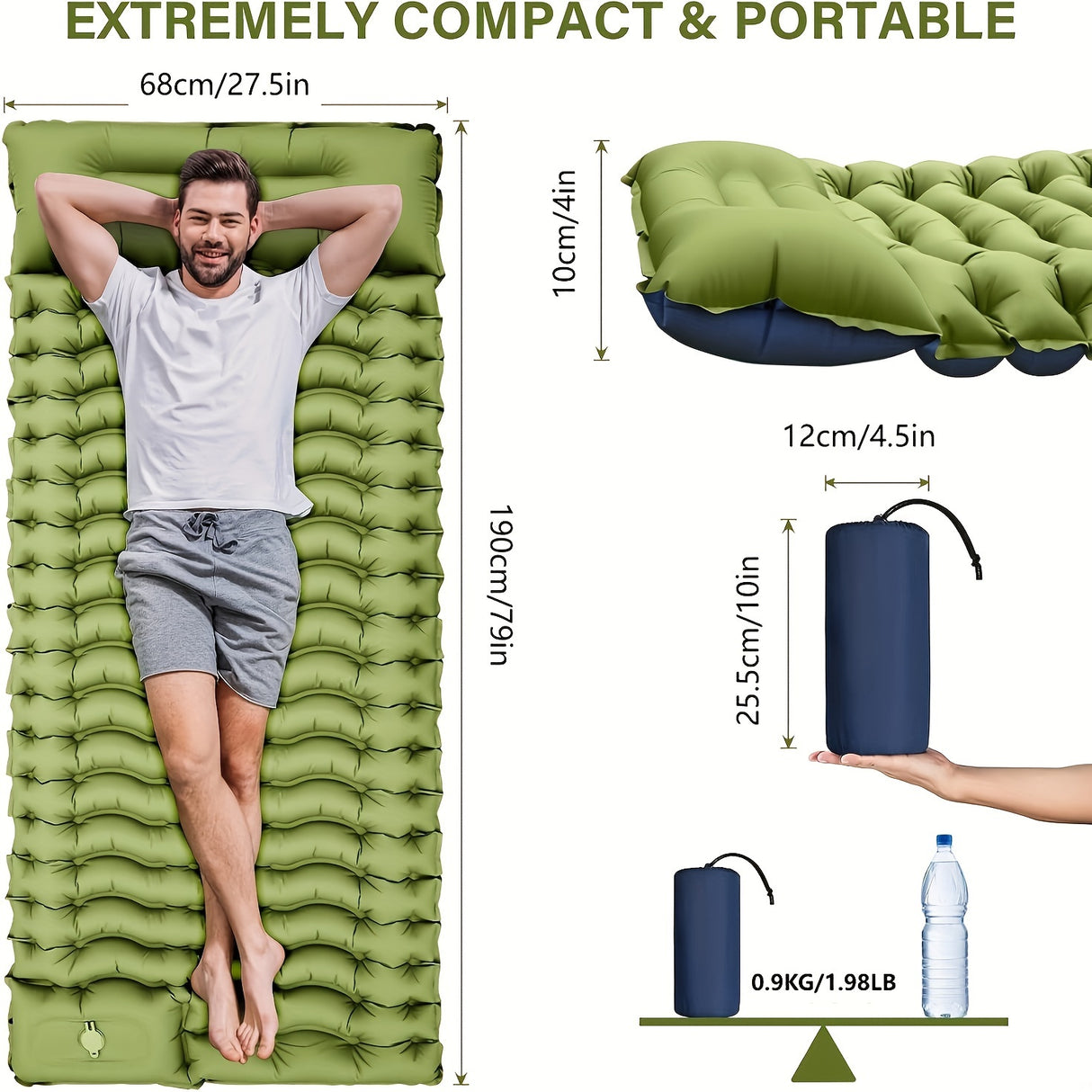 4-Inch Thick Self-Inflating Camping Air Mattress - Ultralight Sleeping Pad with Built-in Foot Pump Pillow for Backpacking, Hiking & Tent Use - Compact, Portable, and Rectangle Single-Person TPU Fabric Design with Stuff Sack I