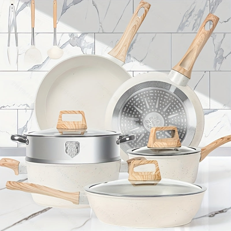 12pcs Nonstick Pots and Pans Set Granite Kitchen Cookware Set Suitable for Induction Electric and Gas Stoves Includes Frying Pans and Saucepans White