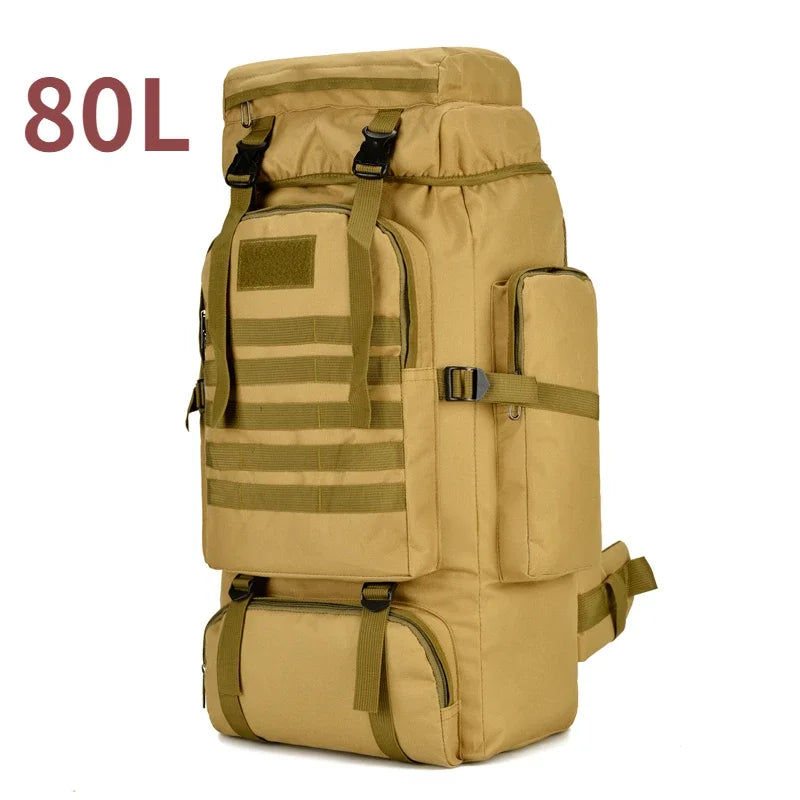 80L khaki tactical hiking camping backpack