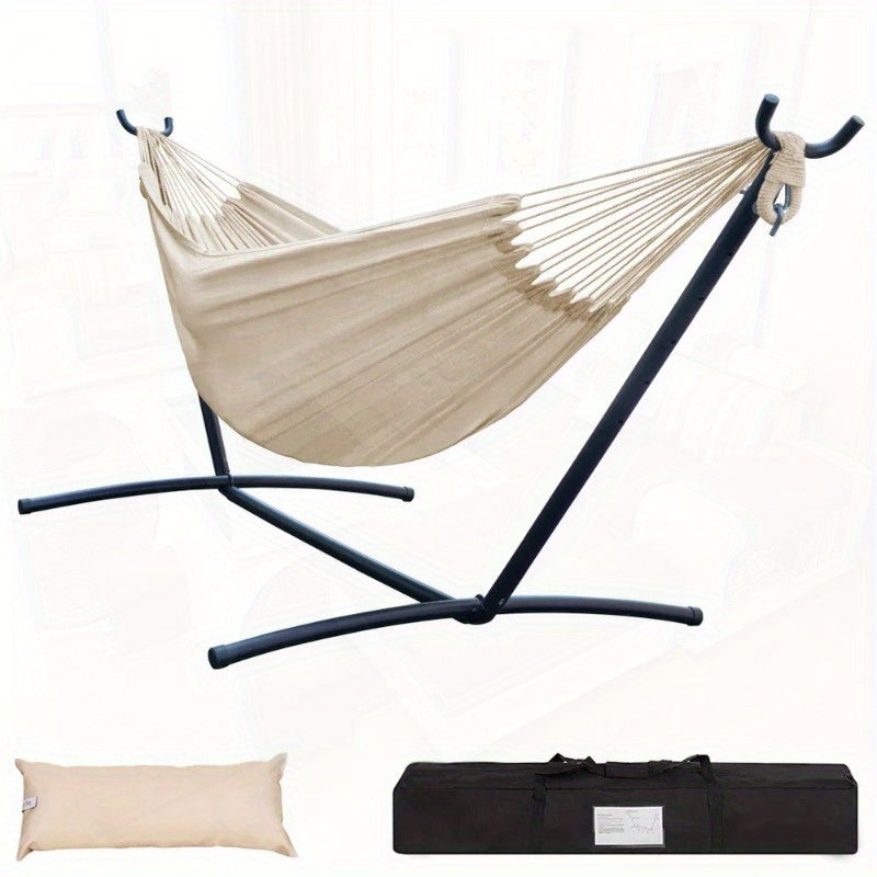 Heavy-Duty 450lb Capacity Double Hammock with Space-Saving Steel Stand - 84"x59" Outdoor/Indoor Durable Canvas & Weather-Resistant Powder Coated Steel Frame, Foldable Design w/Carrying Case & Head Pillow for Camping, Patio, G