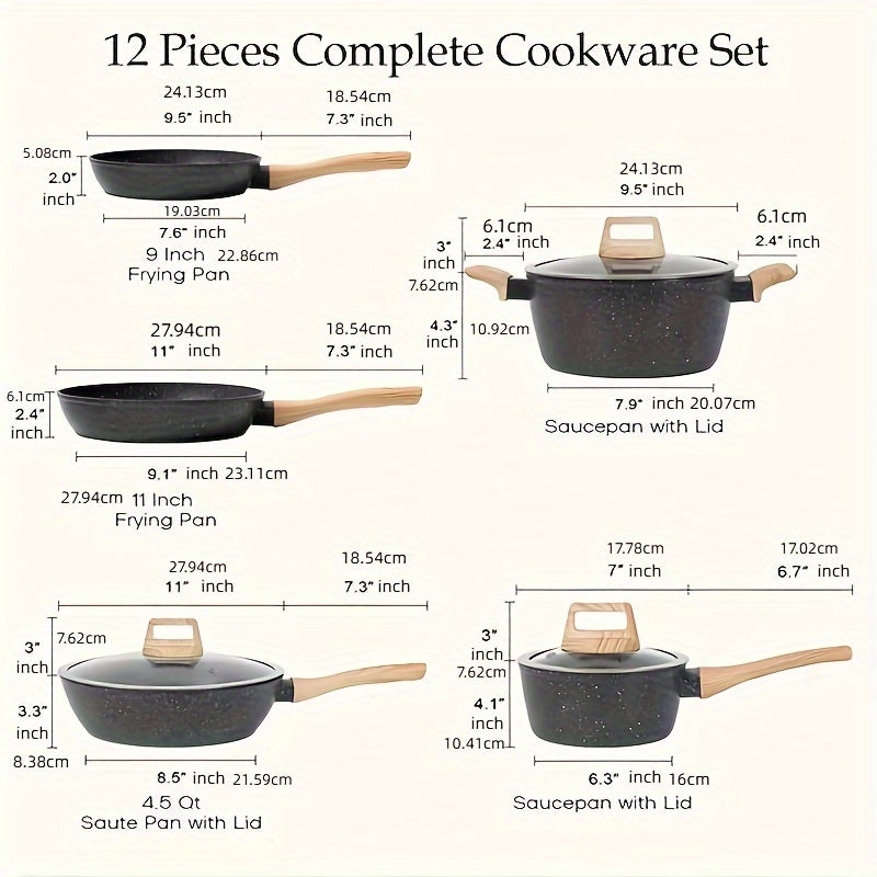 12 POTS and pans Set, Non-stick Cookware Set, Induction Cookware Non-stick Granite Cooking Set, including frying pan, pan, steamer, silicone spatula and tongs (black)