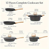 12 POTS and pans Set, Non-stick Cookware Set, Induction Cookware Non-stick Granite Cooking Set, including frying pan, pan, steamer, silicone spatula and tongs (black)