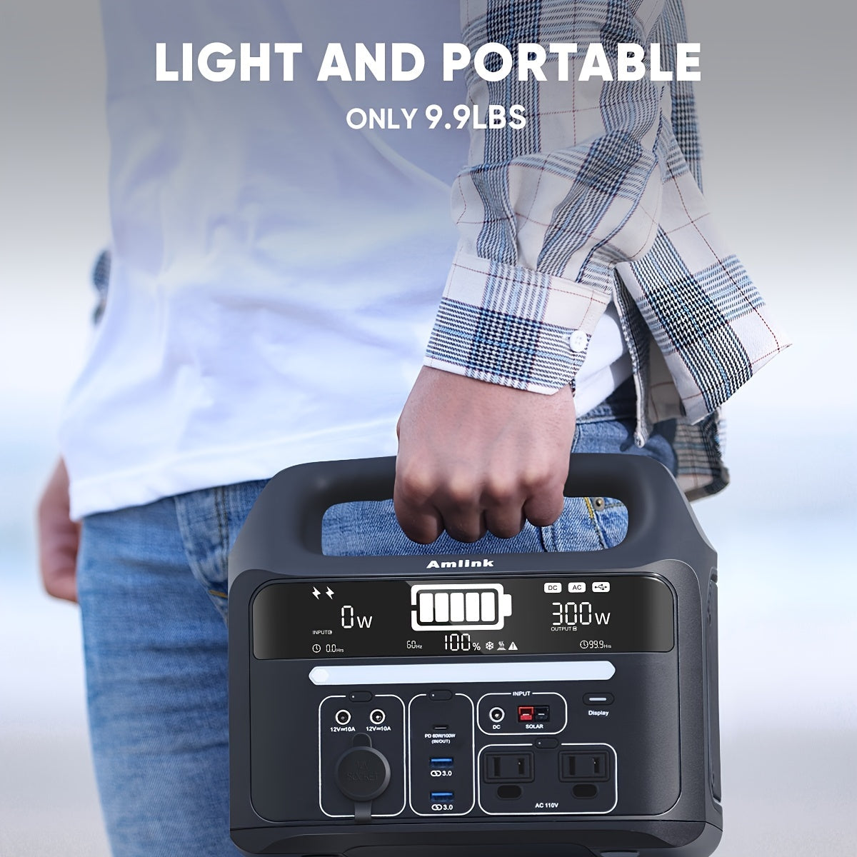 Portable Power Station for Camping 300W 299Wh LiFePO4 Battery Powered power bank, 2 Up to 300W AC Outlets 100W USB C and PD Total 8 Output Ports, Home Battery Backup for Outdoor 93600mAh with LED Light