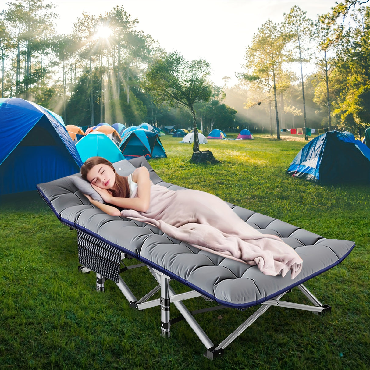 LILYPELLE Folding Camping Cot Bed With 2-Side Mattress, Heavy Duty Sleeping Cot Bed With Carry Bag, Portable Travel Camp Cots For Home, Double Layer Oxford, For Office Nap And Outdoor Beach