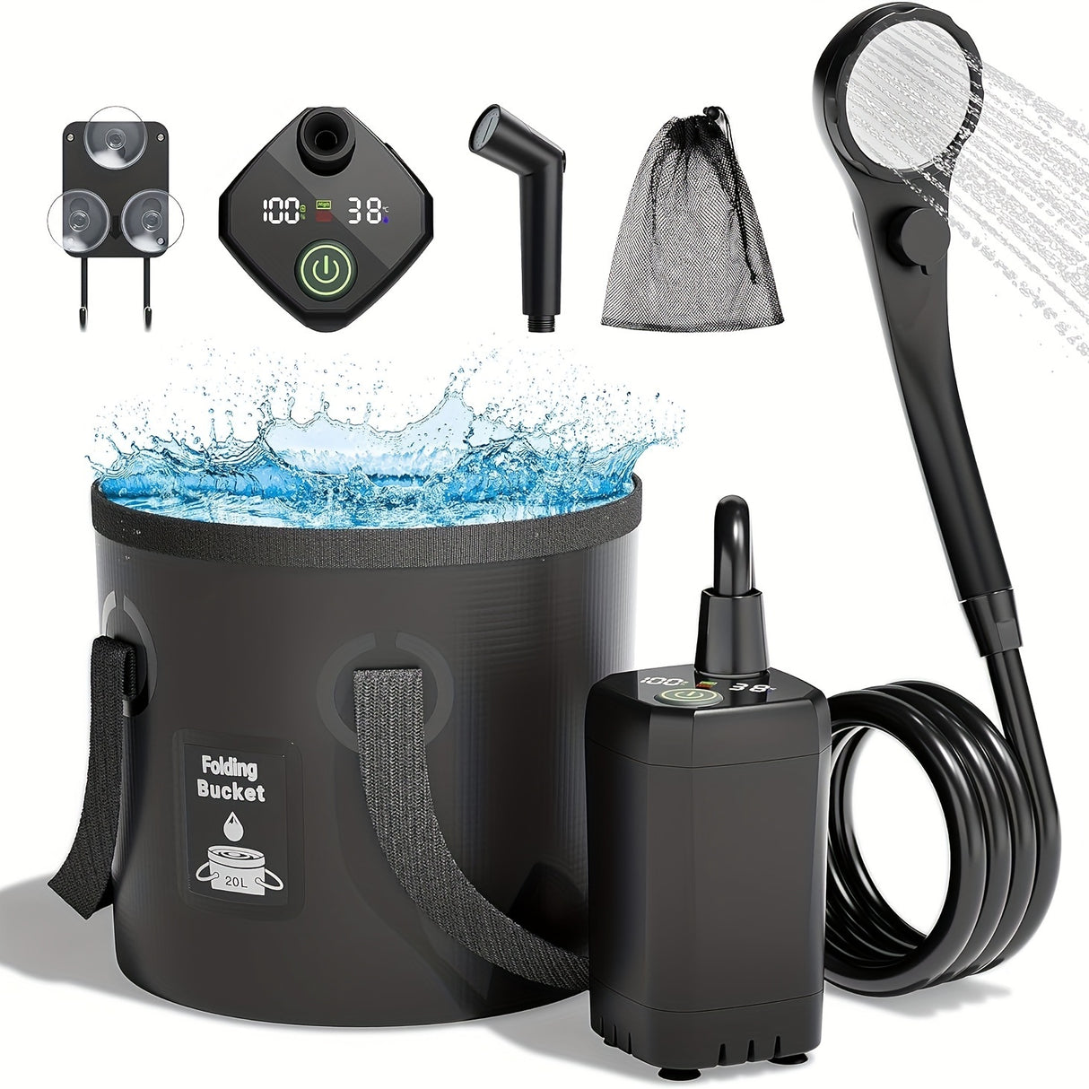 [Portable Shower] 6000mAh Portable Camping Shower | 5 Gallon Foldable Bucket & Filtered Shower Head - Battery/USB Powered Outdoor Shower for Hiking, Beach, Travel, Pet Bath, Car Washing, Surf & Boat Cleaning, Highquality Comp