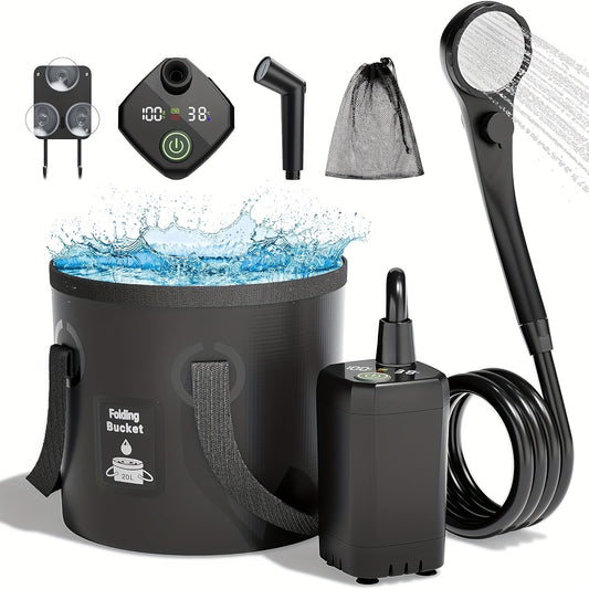 [Portable Shower] 6000mAh Portable Camping Shower | 5 Gallon Foldable Bucket & Filtered Shower Head - Battery/USB Powered Outdoor Shower for Hiking, Beach, Travel, Pet Bath, Car Washing, Surf & Boat Cleaning, Highquality Comp