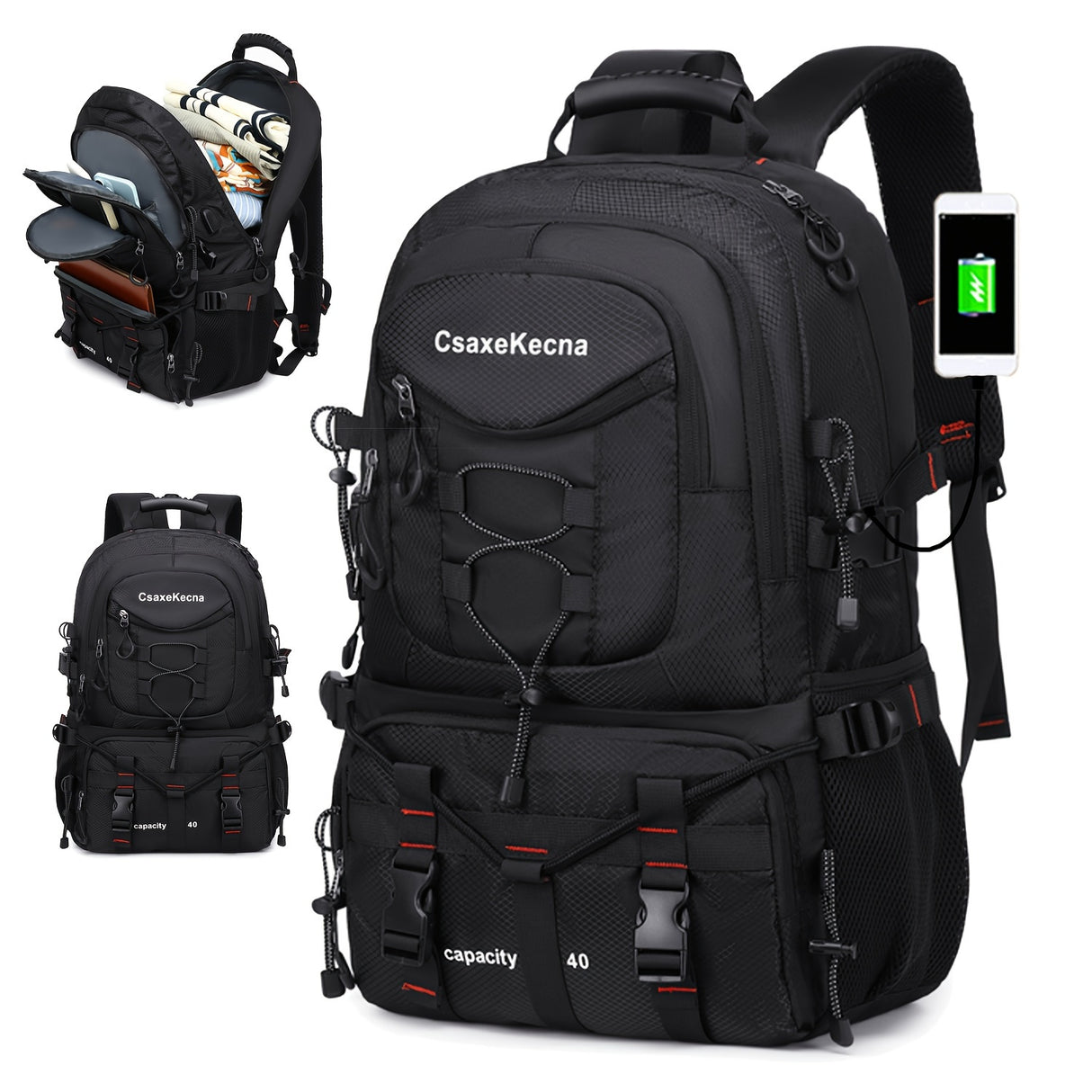[40L CsakeKecna Backpack] CsakeKecna 40L Lightweight Hiking Backpack | Large Capacity Travel Climbing Rucksack with Laptop Compartment, USB Powered, Adjustable Straps, Zip Closure, Polyester Lining - Solid Color for Men and W