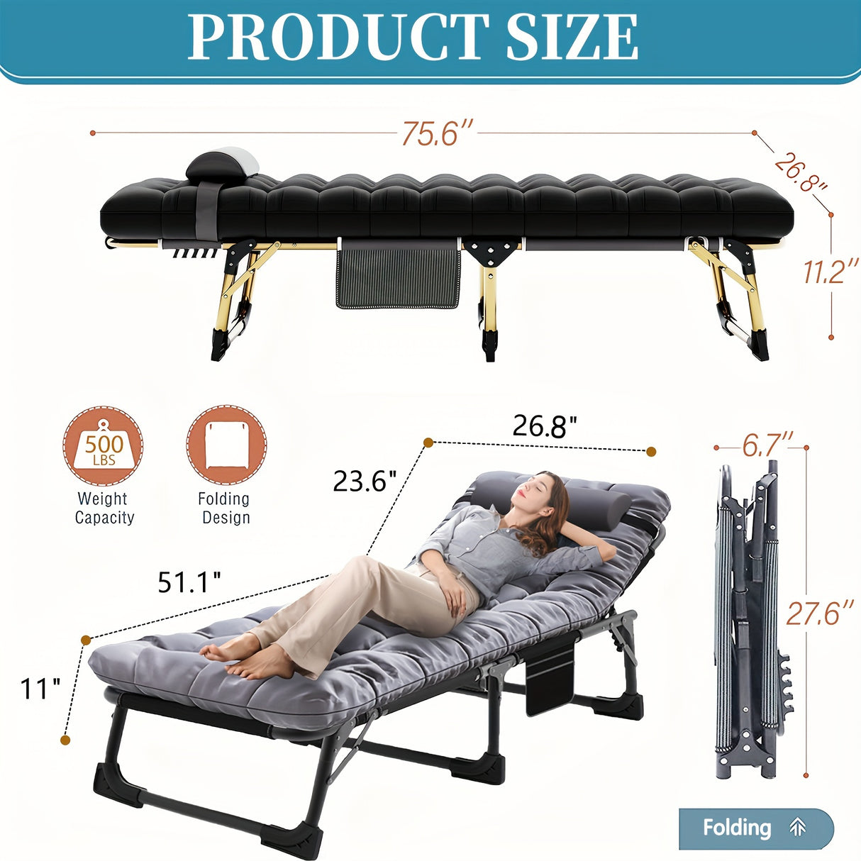 Sleeping Cots for Adults, 5-Position Folding Chaise Lounge Chairs Outdoor, Portable Folding Bed Cot Lounge Chair for Beach Lawn Camping Pool Sun Tanning