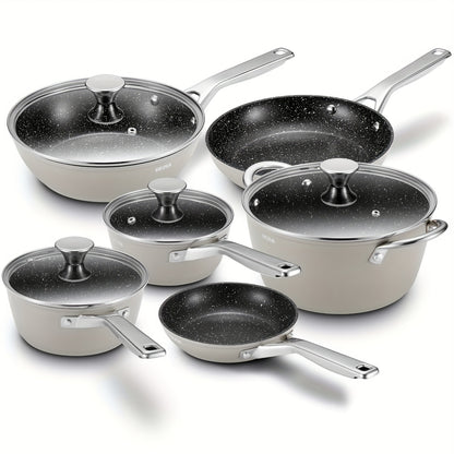 10-Piece Deluxe Induction Cookware Set - Non-Stick, Dishwasher/Oven Safe, Compatible with All Stoves, Frying Pans, Saucepans, Stockpot, and More - Premium Kitchen Cooking Essentials for Home Chefs