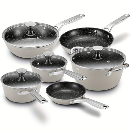 10-Piece Deluxe Induction Cookware Set - Non-Stick, Dishwasher/Oven Safe, Compatible with All Stoves, Frying Pans, Saucepans, Stockpot, and More - Premium Kitchen Cooking Essentials for Home Chefs