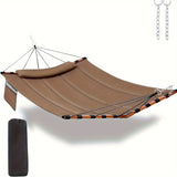 Deluxe 12ft 2-Person Beige Hammock with V-Shaped Hardwood Spreader Bar & Durable Nylon Rope - 450LB Capacity, Quick-Dry Fabric for Patio, Garden, Backyard, Beach & Poolside Relaxation, Hammocks for Outside