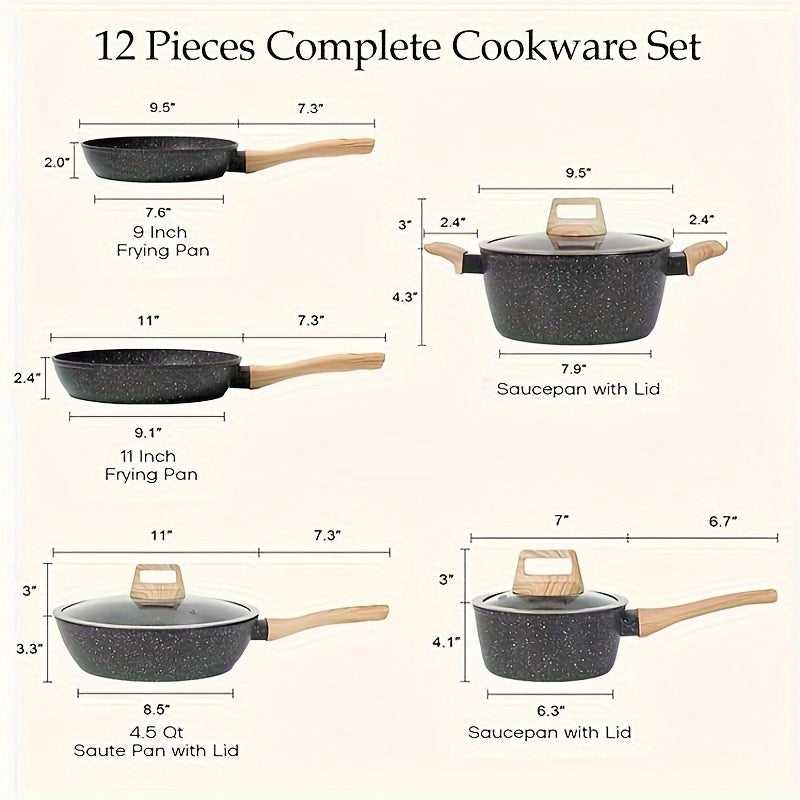 Pots and Pans Set Non Stick, 12 Pcs Kitchen Cookware Sets Induction Cookware Granite Cooking Set with Frying Pans, Saucepans, Steamer Silicone Shovel Spoon & Tongs White