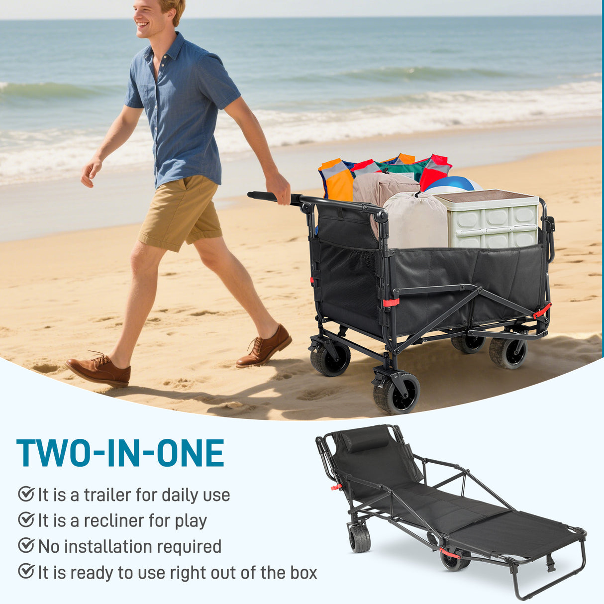 Collapsible Folding Wagon Cart, Convertible beach chair, Large Capacity Camping Wagon, Can hold up to 400 lbs, All Terrain Foldable Wagon, Heavy Duty Utility Wagon Cart For Grocery Outdoor Beach Gardening Shopping Fishing