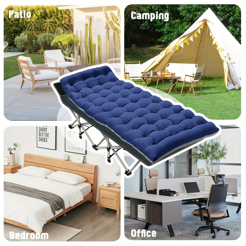 Folding Camping Cot with Thick Mattress, Heavy-Duty Sleeping Cots for Adults, with 4" Removable Cushion, 500lbs Capacity Outdoor Bed with Carry Bag, Suitable for Outdoor Beach Travel.