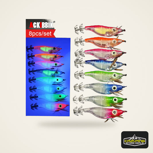 8pcs/set Luminous Squid Jigs 10cm Horizontal Egi Set Wood Shrimp Lures Octopus Cuttlefish Fishing Bait Glow Saltwater Tackle Kit