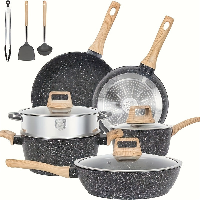 12 POTS and pans Set, Non-stick Cookware Set, Induction Cookware Non-stick Granite Cooking Set, including frying pan, pan, steamer, silicone spatula and tongs (black)