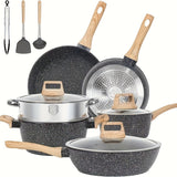 12 POTS and pans Set, Non-stick Cookware Set, Induction Cookware Non-stick Granite Cooking Set, including frying pan, pan, steamer, silicone spatula and tongs (black)