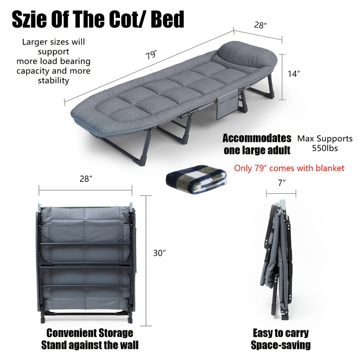6-Position Adjustable Camping Cot with Blanket – 550 lb