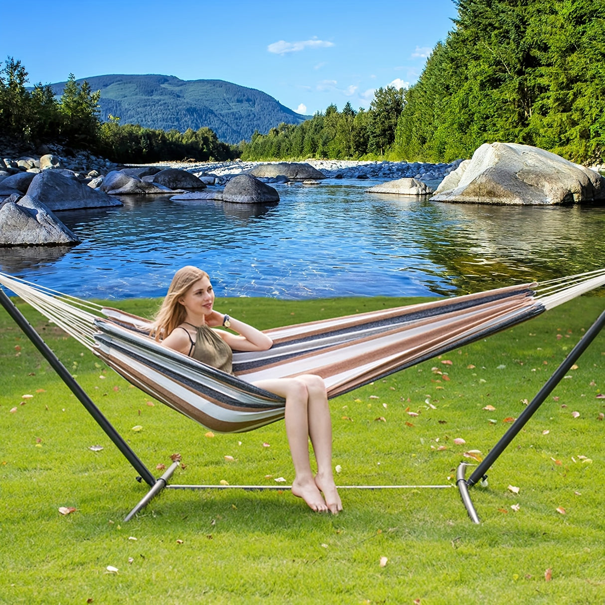 Lazy Daze Hammocks Double Hammock with Space Saving Steel Stand Includes Portable Carrying Case and Head Pillow, 450 Pounds Capacity