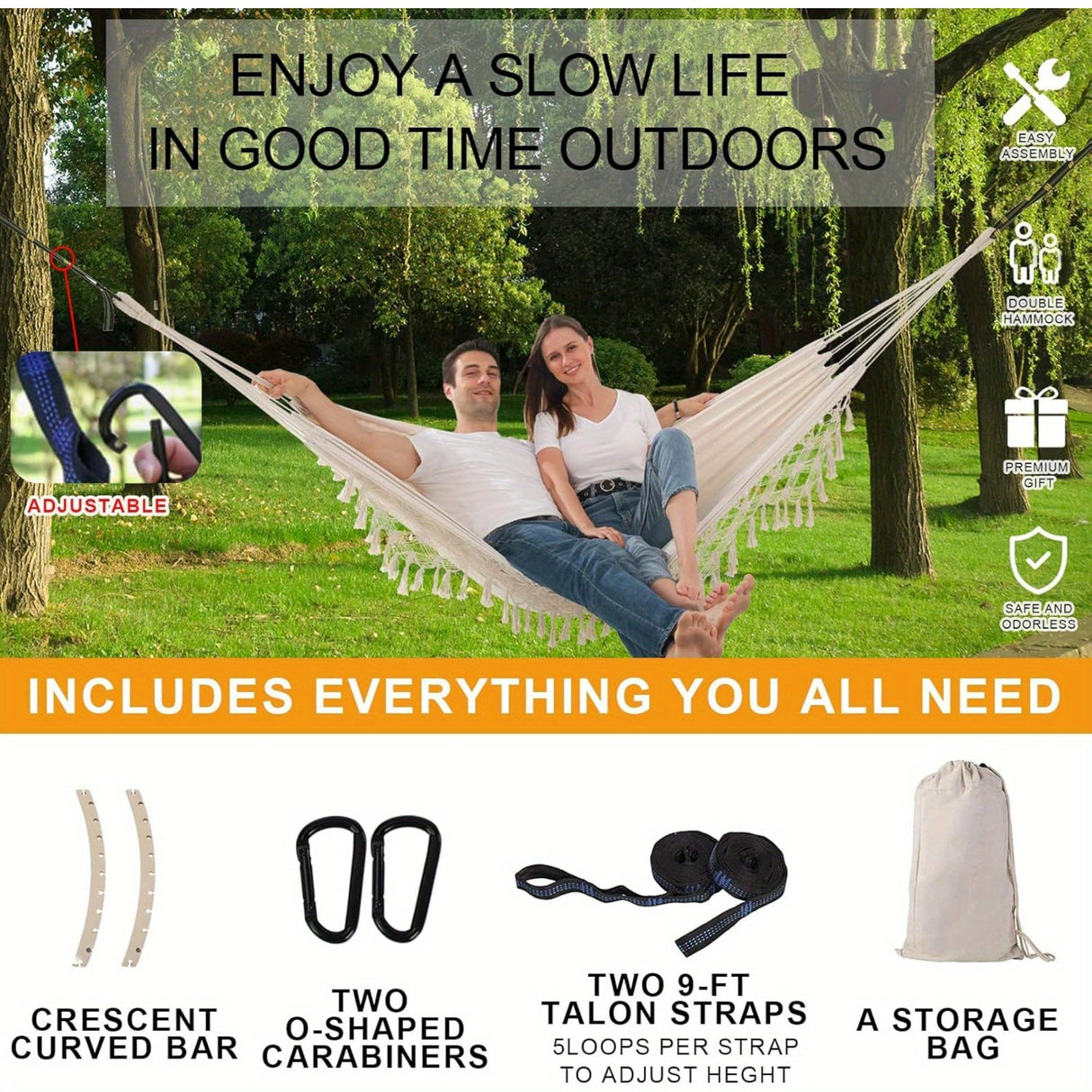 Tassel Hammock, Double Boho Hammocks with Fringe, Portable Camping Indoor Outdoor Garden Hammock Swing with Travel Bag, Max 500lbs Load Capacity for Outdoor, Garden, Patio, Wedding Decor White