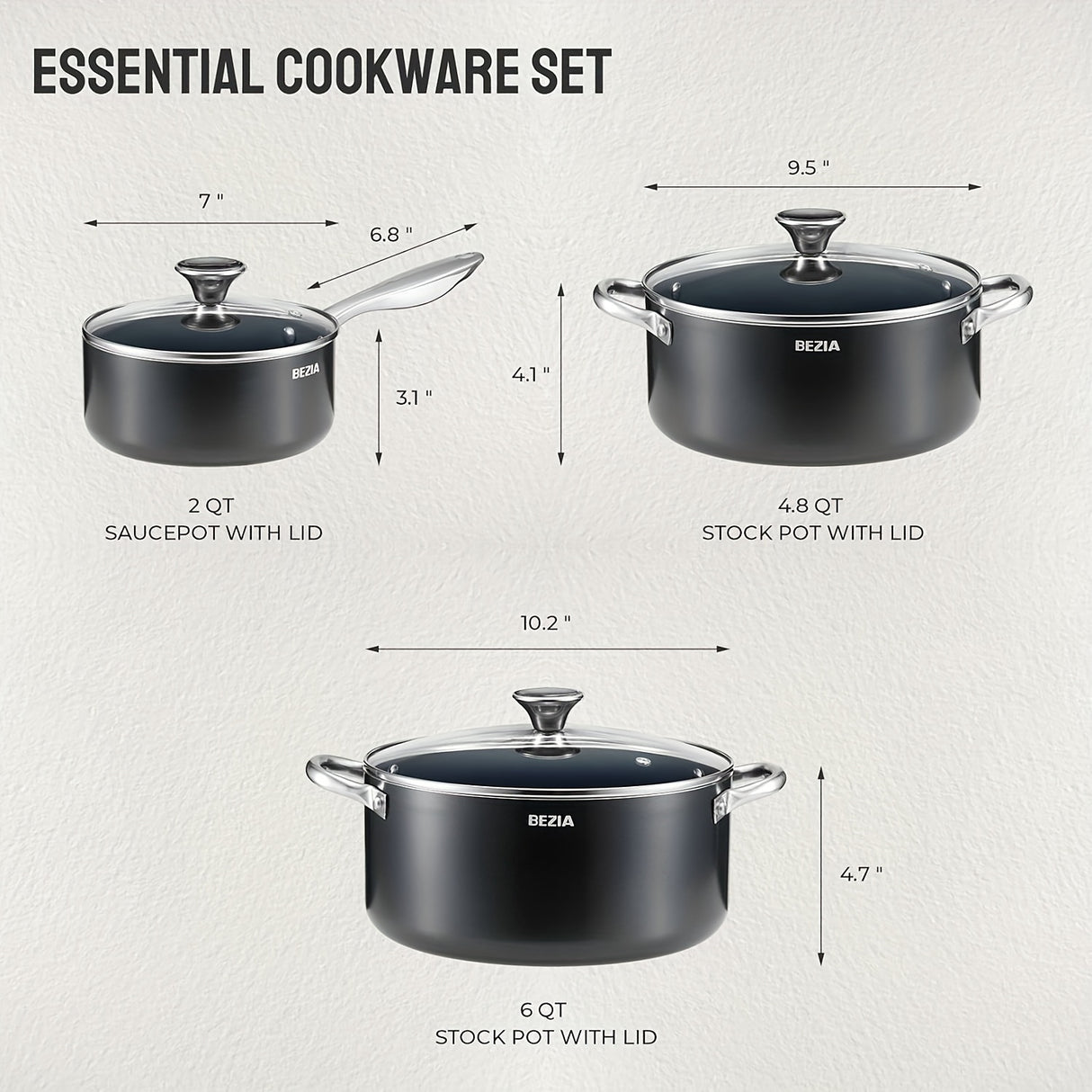 6pcs Induction Cookware, Pots and Pans Set with Non-Stick Ceramic Coating, Dishwasher Safe & Oven Safe, Compatible with All Stoves, Black