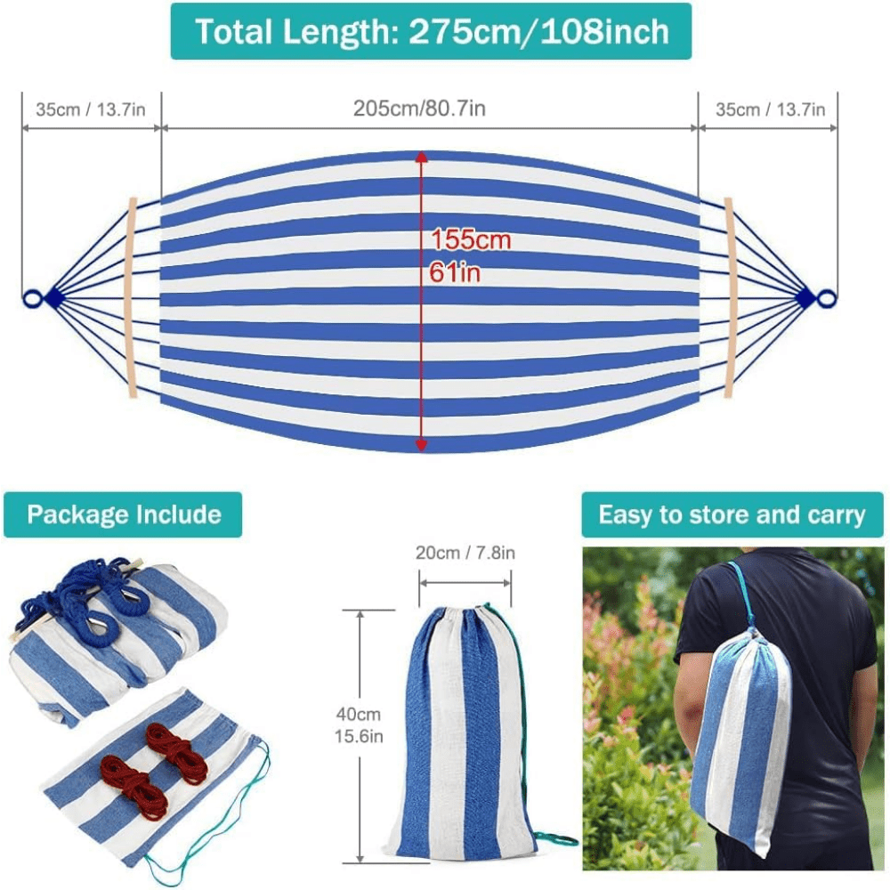 2-Person Anti-Flip Camping Hammock with Striped Design - Spacious Double Hammock with Quick-Setup Straps & Durable 100% Polyester Fabric for Couples, Friends - Perfect for Backyard, Beach, Hiking & Outdoor Adventures, Beach H