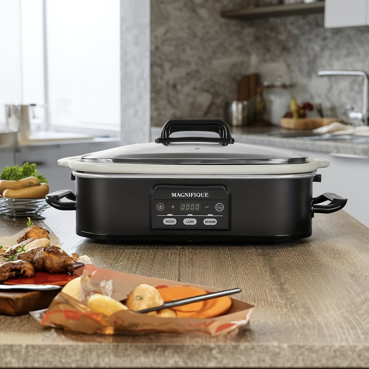 MAGNIFIQUE Compact 4 Quart Slow Cooker and Oven - Programmable Slow Cooker with Ceramic baking dish, with Dial Knob & Keep-Warm, Energy-Efficient 260W, Space-Saving Design for Small Kitchens, Lasagna, Roasts, Stovetop-to-Oven