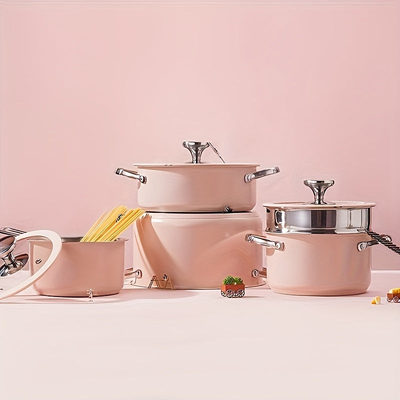 Purecook 9pcs, Stainless Steel Cookware Set, Ceramic-Coated, Durable Glass Lids With Silicone Trim, Versatile For Induction & Gas Cooktops, Includes 1Sauce Pan, 2 Soup Pot, 1Rondeau, 4Lids & 
 1Steamer, Dishwasher Oven Safe,