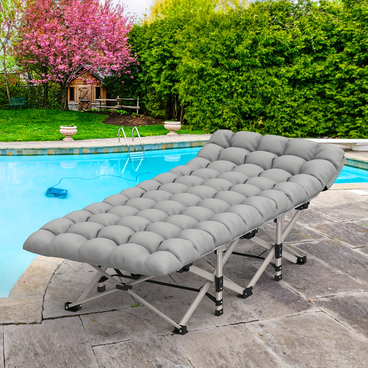 Folding Camping Cot Bed For Adults Sleeping 1200D Double Layer Oxford Portable Folding Outdoor Cots For Camping W/Soft Pad Carry Bag, Portable Travel Camp Cot Bed, Heavy Duty, For Patio, Courtyard, Lawn, And Garden, Ideal As