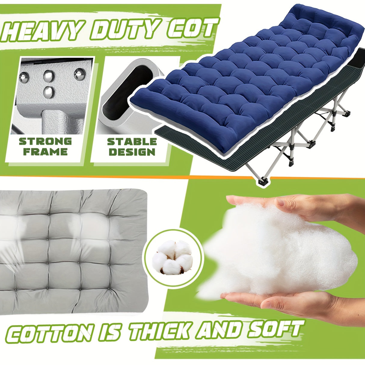 Folding Camping Cot with Thick Mattress, Heavy-Duty Sleeping Cots for Adults, with 4" Removable Cushion, 500lbs Capacity Outdoor Bed with Carry Bag, Suitable for Outdoor Beach Travel.