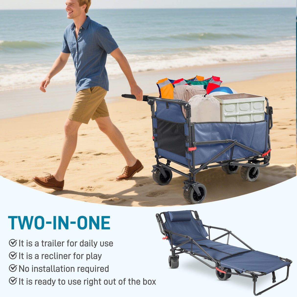 Collapsible Folding Wagon Cart, Convertible beach chair, Large Capacity Camping Wagon, Can hold up to 400 lbs, All Terrain Foldable Wagon, Heavy Duty Utility Wagon Cart For Grocery Outdoor Beach Gardening Shopping Fishing
