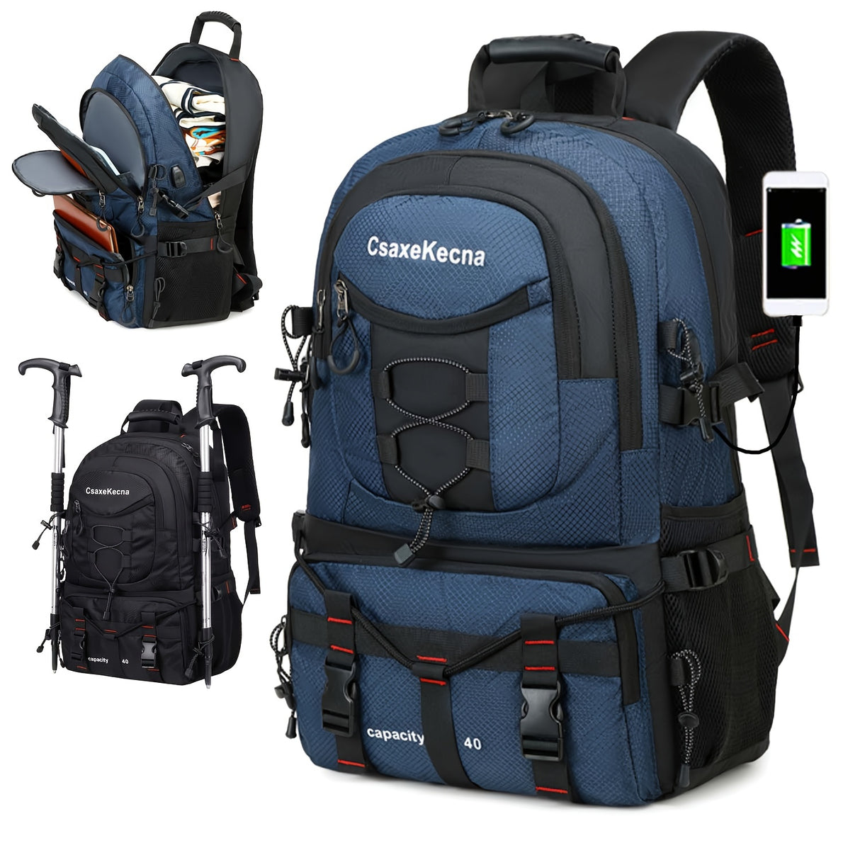 [40L CsakeKecna Backpack] CsakeKecna 40L Lightweight Hiking Backpack | Large Capacity Travel Climbing Rucksack with Laptop Compartment, USB Powered, Adjustable Straps, Zip Closure, Polyester Lining - Solid Color for Men and W