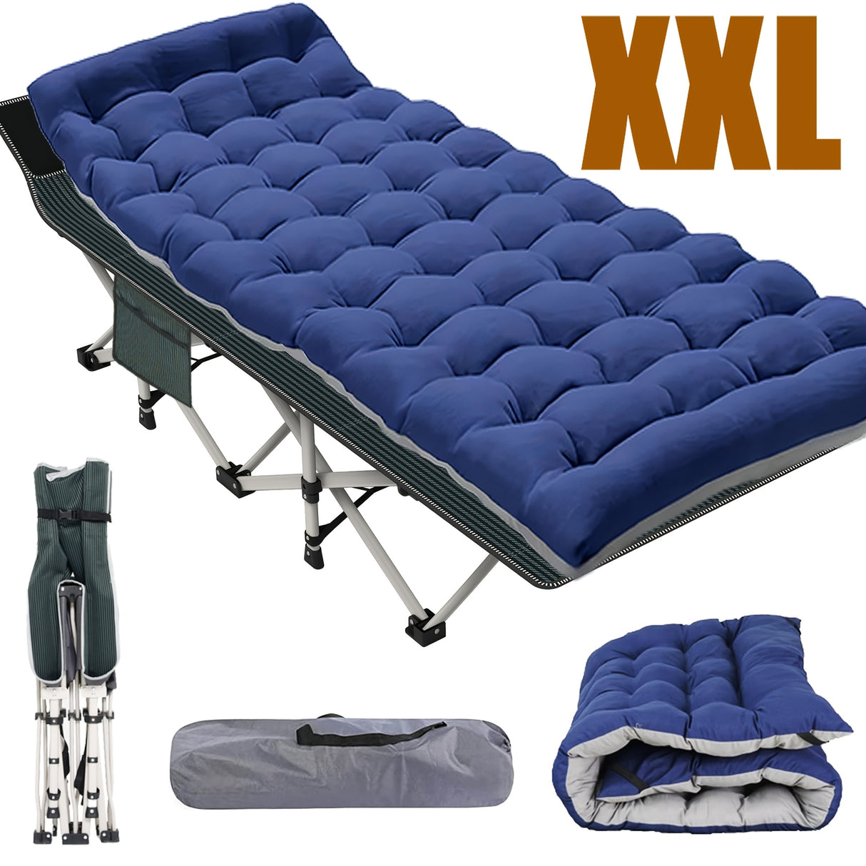 Folding Camping Cot with Thick Mattress, Heavy-Duty Sleeping Cots for Adults, with 4" Removable Cushion, 500lbs Capacity Outdoor Bed with Carry Bag, Suitable for Outdoor Beach Travel.