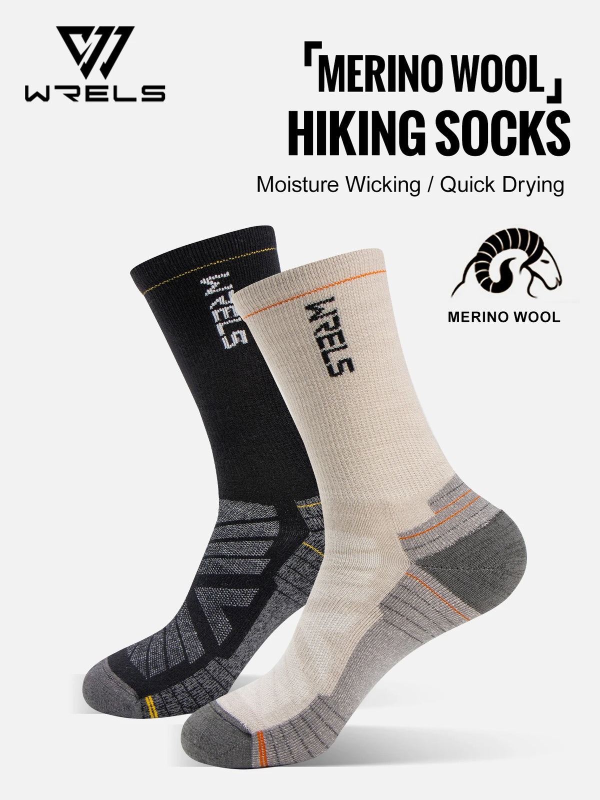 WRELS Merino Wool Socks Hiking Running Socks Soft Lightweight Shock Absorption Damping Mid-Calf Breathable Ankle Cycling Socks