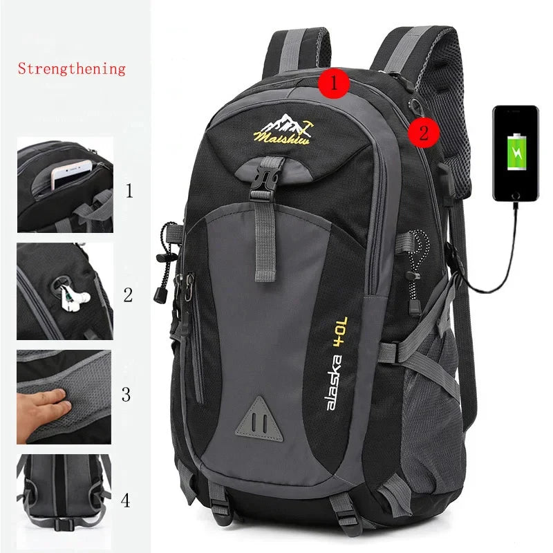 Back view of waterproof camping backpack with breathable mesh