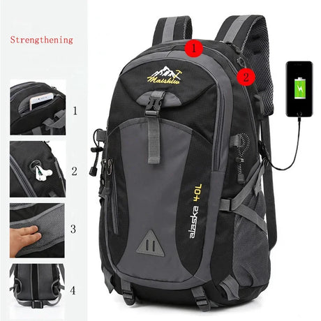 Back view of waterproof camping backpack with breathable mesh