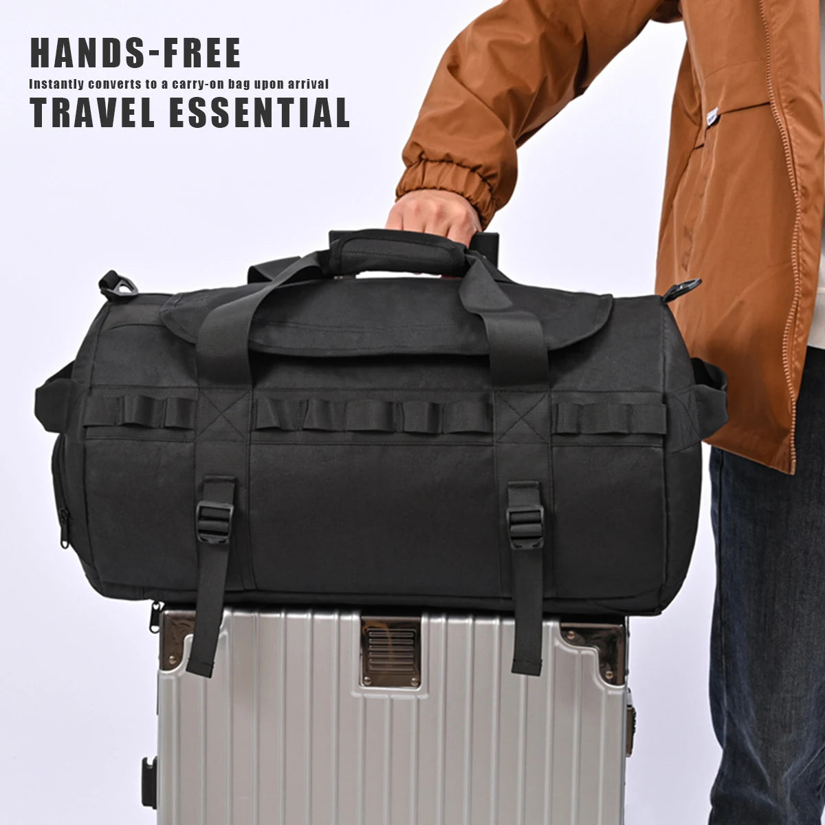 Black large capacity travel backpack duffel bag for men and women