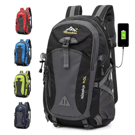 Black outdoor camping backpack with multiple compartments
