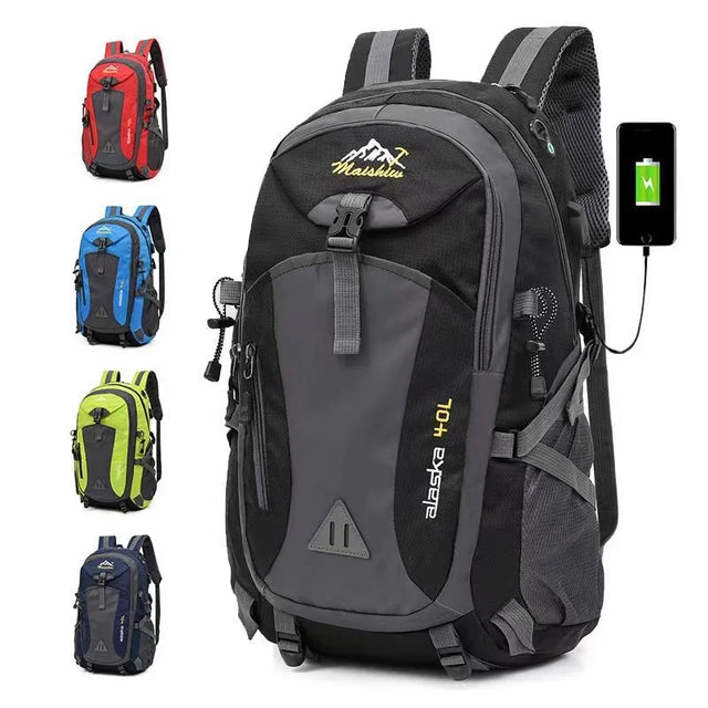Black outdoor camping backpack with multiple compartments