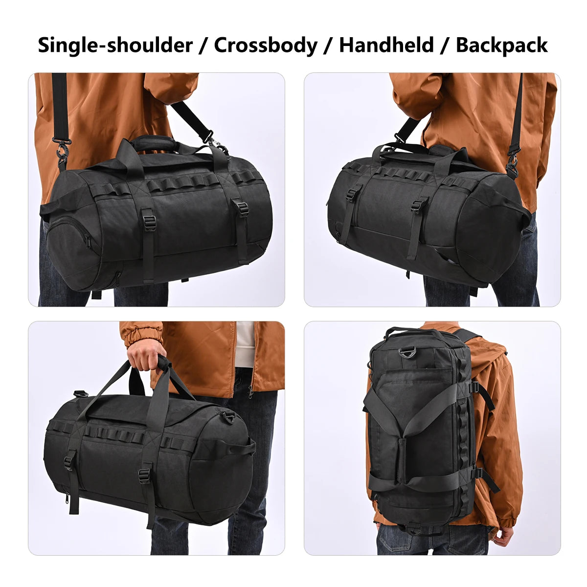 Black travel duffel bag carried as single-shoulder backpack