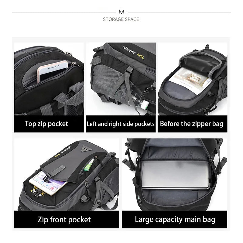 Black waterproof hiking backpack with multiple storage pockets and large main compartment