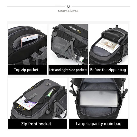 Black waterproof hiking backpack with multiple storage pockets and large main compartment