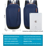 Blue lightweight travel backpack size comparison with iPad