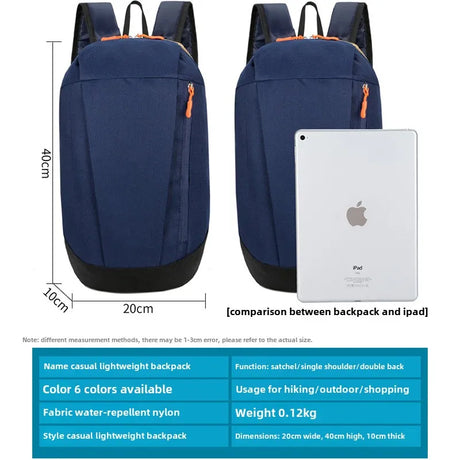 Blue lightweight travel backpack size comparison with iPad