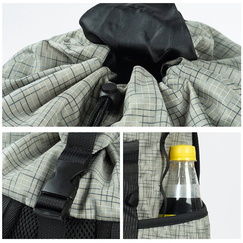 Foldable camping backpack available in blue, grey, black, and khaki