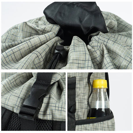 Foldable camping backpack available in blue, grey, black, and khaki
