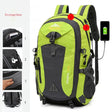 Green waterproof hiking backpack with USB charging port and reinforced straps
