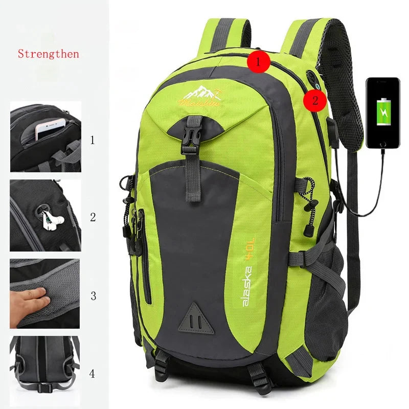 Green waterproof hiking backpack with USB charging port and reinforced straps