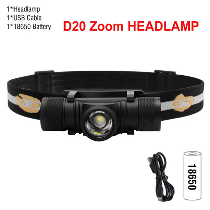 BORUiT LED Mini Headlamp High Power 1000LM Headlight 18650 Rechargeable Head Torch Camping Hunting Outdoor Waterproof Flashlight