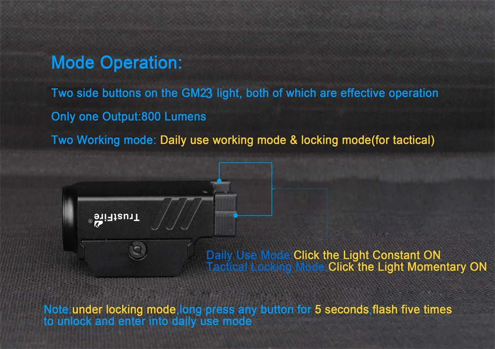 Trustfire GM23 Tactical LED Flashlights Mini Pistol Lights 800 Lumens USB Rechargeable Quick Release Handgun 1913/GL Rail